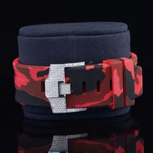 Luxury Diamond Chronograph Men <b>Watch</b> Red <b>Black</b> Camouflage Rubber Strap Iced Out Bezel Sport Quartz Dial Arabic Numeral Timepiece - Product Image 3