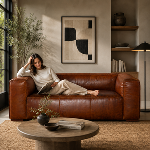 <b>Modern</b> 3 Seater Brown Cow Leather <b>Sofa</b> with Solid Wood Frame Legs Elegant Luxury Couch for Living Room Home Hotel Interior Decor - Product Image 2