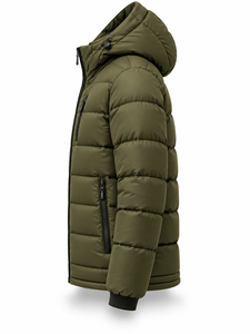 Veste matelassée à capuche pour homme, vert olive, imperméable, coupe-vent, fermeture éclair sur le devant, logo, rembourrage en polyester, longueur normale, hiver - Product Image 4