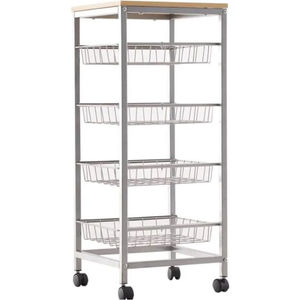 Chariot de rangement utilitaire en métal de grande qualité, 4 niveaux, fin et mobile, avec plateau en bois et roulettes verrouillables pour la cuisine - Product Image 6