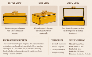 Amber Yellow Glass Jewelry Storage Box with <b>Crystal</b> <b>Cluster</b> Knob Gold Tone Finish Beveled Edges Decorative Keepsake Organizer - Product Image 2