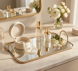 <b>Mirrored</b> Storage <b>Tray</b> With Gold Handles Rectangle Shape For Jewelry Display Modern Luxury Design Polished Finish Table Use - Product Image 1