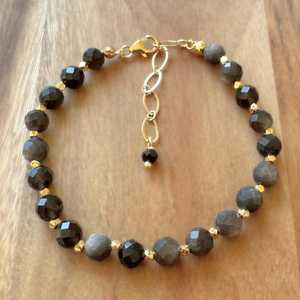 Natural Round Black ObsedianGemstone Jewelry Accessory Crystal Stone Beaded Bracelets for Women <b>Men</b> in 925 Silver Gold Plated - Product Image 2
