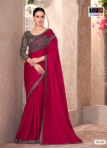 <b>Red</b> Silk Saree Embroidered <b>Sequin</b> Border Traditional Dress for Wedding Party Diwali Women - Product Image 1