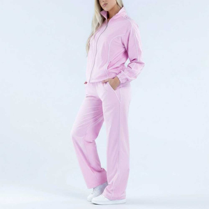 Women <b>Pink</b> <b>Tracksuit</b> Solid Color Casual Loose Fit Full Length Zipper Front Sweatshirt And Pants Set With Side Pockets - Product Image 2