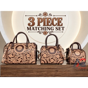 Ensemble de bagages 3 pièces en cuir véritable floral fait main pour femme, sacs de voyage et sacs de week-end assortis - Product Image 1