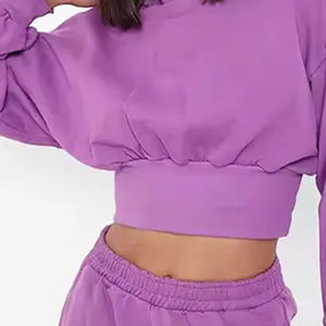 Conjunto de Sudadera Corta Morada Oversize con Mangas Farol, Color Sólido, Casual, Unisex, para Otoño - Product Image 3