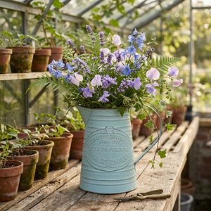 Antique Style Blue Enamel Decorative Pitcher Metal Garden Vase with French Script Retro Iron Milk Jug for Home & Wedding Decor - Product Image 4