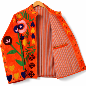 Reversible Quilted Eco-Friendly Breathable Winter Knitted Boho Orange Suzani Velvet Embroidered <b>Mandarin</b> <b>Collar</b> Bomber <b>Jacket</b> - Product Image 5