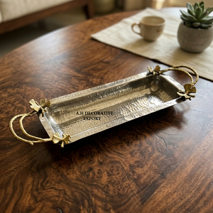 Premium Quality Metal Food Serving <b>Tray</b> Handmade Hammered Designing Silver Finishing <b>Tray</b> With Gold Finished Metal Wire Handle - Product Image 2