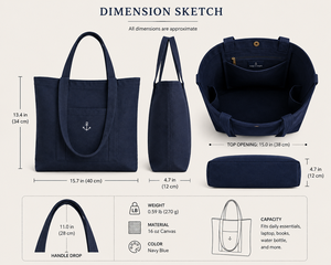 Sac fourre-tout en toile marine avec broderie d'ancre blanche, style minimaliste, sac de shopping toutes saisons - Product Image 2