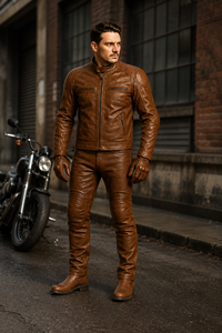 Real Cowhide Distressed Brown Leather Waterproof Plus Size Motorcycle Riding Suit <b>Biker</b> <b>Jacket</b> Pants Gloves Full Protective - Product Image 6