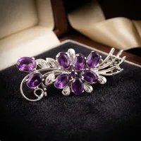 Broche pour femme en argent 925 avec pierre d'améthyste ovale violette, motif fleur et feuille, accessoire de bijouterie facetté pour fiançailles, mariage, fête et vêtement