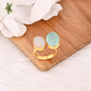 White Druzy Aqua Chalcedony <b>Two</b> <b>Stone</b> <b>Ring</b> Gold Plated Adjustable Fashion Jewelry for Women - Product Image 3