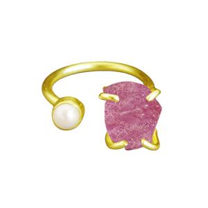 Bague en argent 925 avec tourmaline rose brute et perle – Bague ajustable sertie de pierres de naissance pour femme - Product Image 1