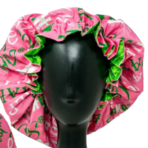 Pink and Green Luxury Satin <b>Bonnet</b> with 1908 Pattern Double Layer Hair Wrap Sleep Cap for Women Beauty and Comfort - Product Image 6