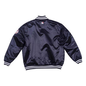 Chaqueta Universitaria Azul Marino Personalizada de Satén para Hombre, Chaqueta Bomber con Logotipo Blanco, Uniforme de Béisbol Letterman al por Mayor, Ropa Deportiva - Product Image 3