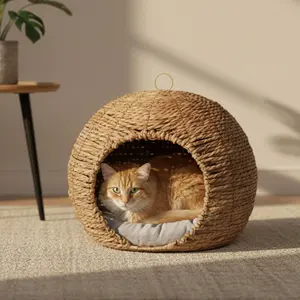 Nueva Cama Ovalada de Mimbre para Gatos con Orejas, Hecha a Mano con Jacinto de Agua, Casa para Mascotas con Cojín Suave, Cama Acogedora para Perros, Decoración para el Hogar - Product Image 6