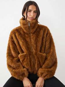 Abrigo de Piel Sintética para Mujer, Cuello Alto, Manga Larga, Cierre de Cremallera, Cálido para Invierno, Color Sólido, Corte Holgado, con Capucha, 100% Poliéster - Product Image 3