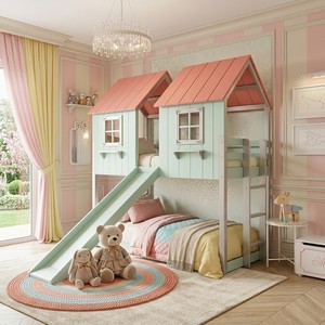 Lit superposé en bois pour enfants avec toboggan, design maison, style scandinave, meubles de chambre à coucher - Product Image 4