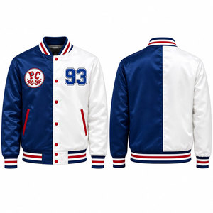 Veste universitaire bleue et blanche pour homme avec logo PC brodé 93, col rabattu, style preppy, coupe régulière, matière polyester - Product Image 1