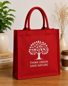Red Jute Shopping Bag <b>Think</b> Green Save Nature Tree Design Medium Size Hand Carry Tote Bag - Product Image 1