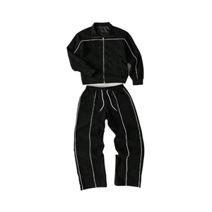 Custom Logo Unisex Lightweight Hooded Summer Nylon Reflective Piping Shell <b>Black</b> Long Sleeve Crop <b>Windbreaker</b> Tracksuit 2-Piece - Product Image 1