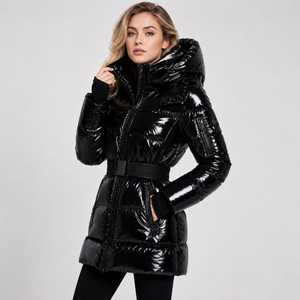 Veste matelassée noire brillante pour femme |   Manteau d'hiver matelassé à capuche |   Doudoune courte matelassée chaude et épaisse avec ceinture, style mode hiver - Product Image 1