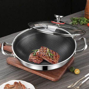 Honeycomb Stainless Steel Wok with Double <b>Handles</b> Non-stick Deep Frying <b>Pan</b> Soup Casserole with Glass Lid - Product Image 4