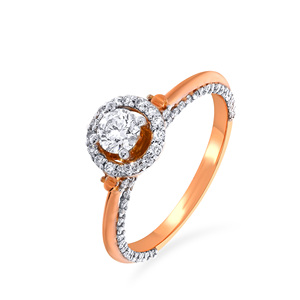 Bague Solitaire Étincelante en Or Rose de Luxe avec Diamant Rond Taillé et Halo, Bague de Fiançailles Élégante pour Femme avec Bande Pavée - Product Image 1