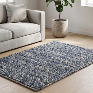 Tapis artisanal tissé à la main antidérapant à poils moyens bouclés, motif galets épais, bleu crème, en laine texturée, pour la décoration intérieure moderne - Product Image 2
