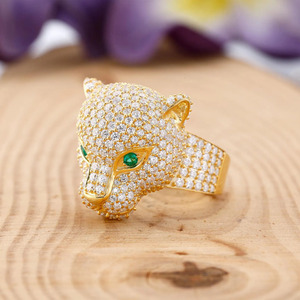 Panther Animal Inspired Wild <b>Cat</b> Iced Cut Moissanite Green-Eyed Rhodium Plated Pave Setting 925 Sterling Silver Engagement <b>Ring</b> - Product Image 1