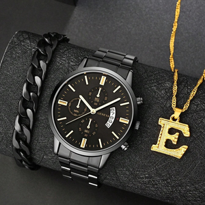 Reloj de cuarzo con puntero redondo y fecha para hombre y juego de 2 piezas de joyería 192018 - Product Image 1
