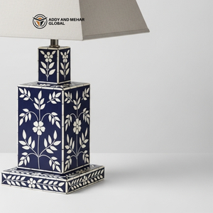 Handcrafted Blue Bone Inlay <b>Table</b> <b>Lantern</b> with Floral Pattern Luxury Tiered Square Decorative Bedside <b>Lamp</b> with Fabric Shade - Product Image 4