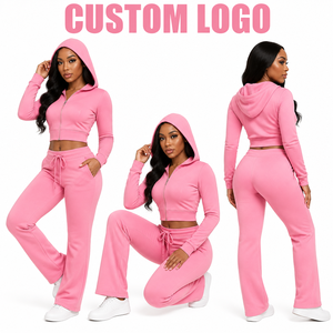 Ensemble survêtement femme 2 pièces avec logo personnalisé : pantalon de jogging et sweat à capuche court zippé 2026 - Product Image 3