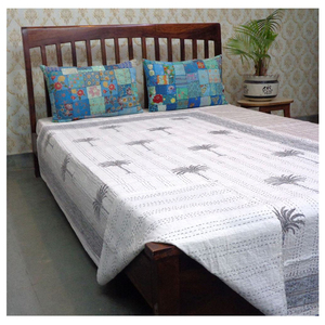 Hand Stitched Cotton Kantha <b>Quilt</b> Twin Size Grey Palm Tree Print Traditional Home Decor Bedspread at Wholesale Price - Product Image 1