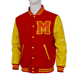 Men's Red Varsity Jacket Yellow PU Sleeves Embroidered M Logo <b>Turn</b>-down Collar Covered <b>Button</b> Closure Casual Breathable Knitted - Product Image 1