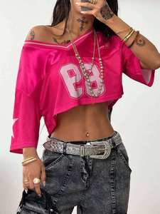 Camiseta de fútbol americano vintage de poliéster oversize de tela de malla para hombre, camiseta corta para mujer, servicios de procesamiento de prendas de vestir - Product Image 4