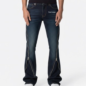 Men's Dark Blue Straight Fit Denim <b>Jeans</b> With Side Zipper Casual Style Mid Waist <b>Button</b> <b>Fly</b> 100 Cotton Stonewashed - Product Image 5