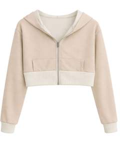 Sudadera con capucha corta para mujer, personalizada por el fabricante, con cremallera, color beige y bloques de color en felpa de algodón, estilo casual y urbano. - Product Image 1