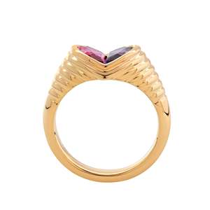 Wholesale Heart Lab Grown Pink and Purple Sapphire 14K Solid Yellow <b>Gold</b> <b>Ring</b> Luxury Bezel <b>Set</b> Toi et Moi Half Heart Fancy <b>Ring</b> - Product Image 5