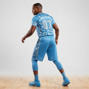 Ensemble short et maillot de basket-ball bleu ciel personnalisé, bordure géométrique, uniforme d'équipe, vêtements de sport respirants en maille, 100% polyester, sublimation - Product Image 2