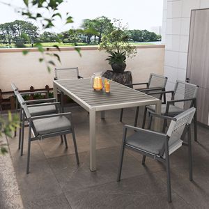 Set da pranzo all'aperto sedia in alluminio Set di 6 con corda grigio finto legno superiore tavolo da pranzo nero mobili da giardino - Product Image 1