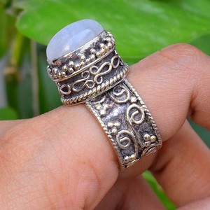 Bague en pierre de lune, argent sterling 925, style vintage, pierre de lune arc-en-ciel naturelle, bijoux de mariage - Product Image 3