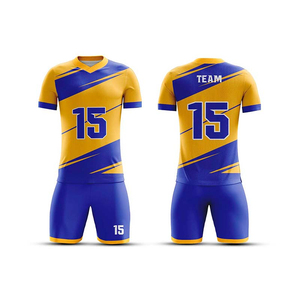 Tenue de football sublimée jaune et bleue pour homme adulte, respirante en polyester, service OEM - Product Image 1