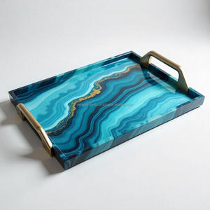 Bandeja de servicio de resina epoxi hecha a mano con manijas de latón de Arte de geoda y vidrio perfecto para cenar y regalos de decoración del hogar con estilo - Product Image 3