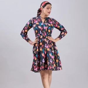 Vestido Midi con Mangas Largas Cómodas, Vestido Ligero con Estampado Floral, Vestido Midi Formal con Cuello en V y Mangas Largas, Ecológico y Lavable - Product Image 1