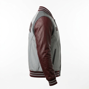 Chaqueta Varsity de Cuero Genuino para Hombre, con Botones a Presión, Color Gris Granate, Chaqueta Bomber de Béisbol, Forro Acolchado, Estilo Urbano - Product Image 3