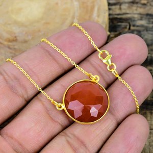 สร้อยคอประดับพลอยคาร์เนเลียนทรงกลมธรรมชาติ ชุบทอง 18k บนเงินแท้ 925 - Product Image 3