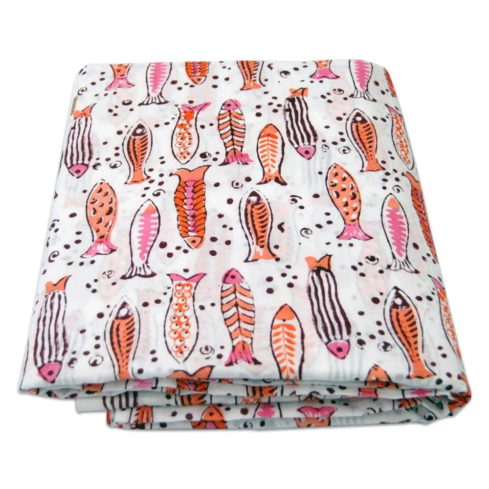Handmade Multi Color Fish Block Printed Cotton Cloth White Base Attractive Look Kids Garment Smooth Texture Fabric Wholesale